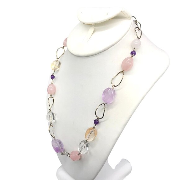J & T Sterling Link Necklace, Amethyst Rose Quartz, 925 Silver Links Designer - Picture 3 of 6